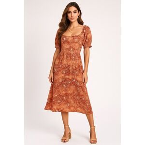 Roxy Dress Womens XL Orange Floral Smocked Hawaiian Beach Backless Flowy Midi‎